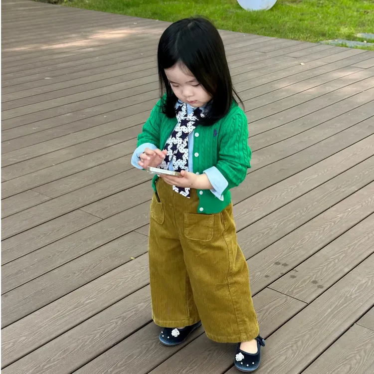 壹妈韩版童装女童秋季套装洋气儿童绿色针织开衫蓝色衬衫灯芯绒裤