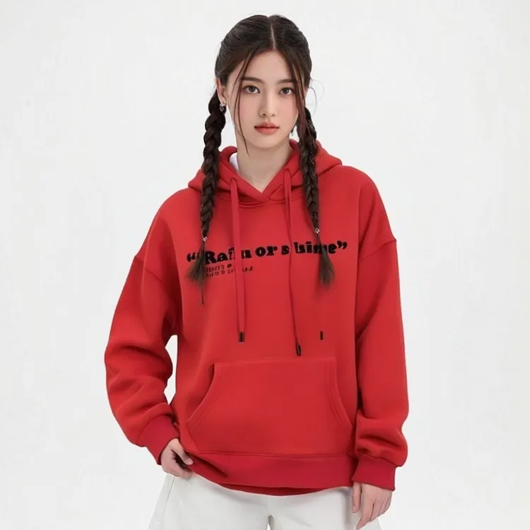 初中女生加绒卫衣宽松连帽套头休闲女装秋冬红色高品质刺绣不起球