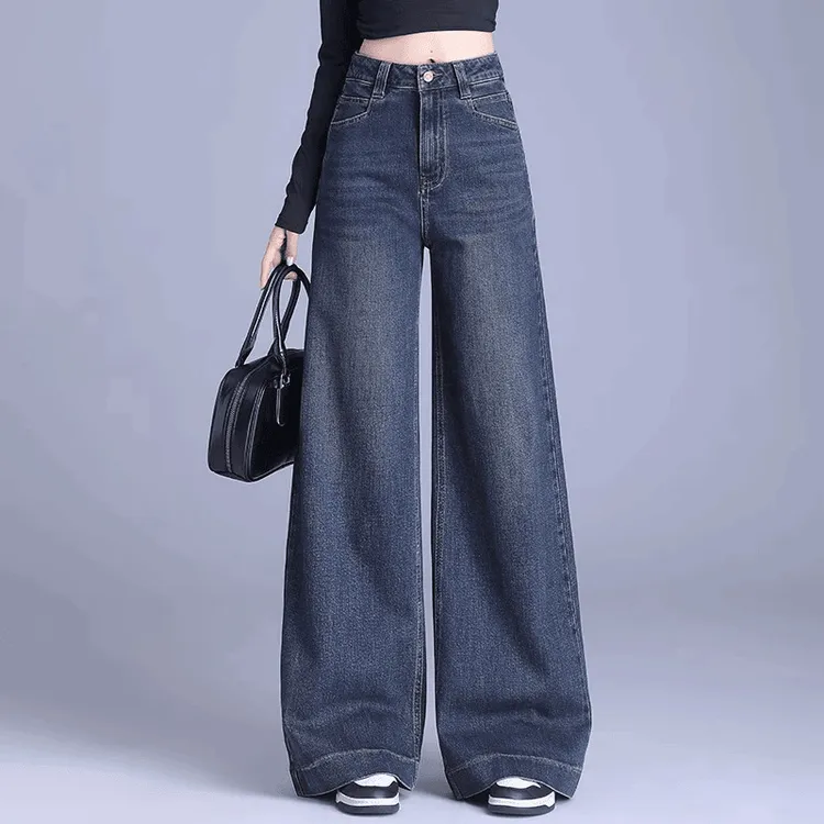 时尚阔腿牛仔裤女2025秋冬季新款高腰加绒宽松显瘦垂感直筒宽脚裤