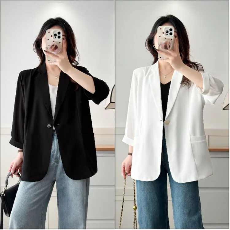微胖MM夏季薄款七分袖宽松休闲一粒扣西装外套女大码百搭防晒上衣