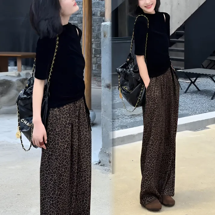 外致2025春秋时尚套装新款时髦纯色T恤上衣直筒阔腿休闲裤两件套