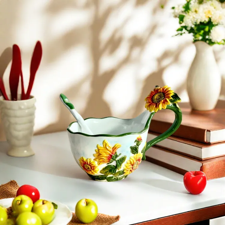 出口外单陶瓷向日葵曲把杯手绘浮雕釉下彩早餐杯创意