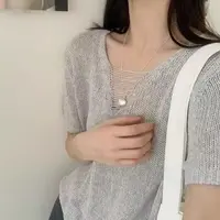 /流苏小v/天爽亚麻镂空V领显瘦针织衫短袖 衣长54 胸围53 95093