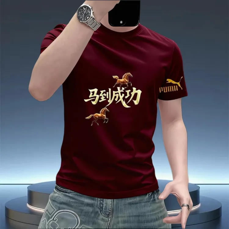 2026马年爆款潮流骏马印花短袖T恤男士本命年红色高级感体恤上衣