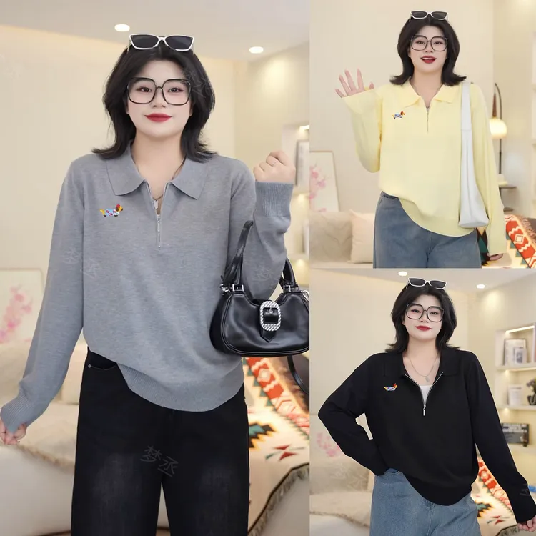 梦丞【通勤萌伴】大码女装POLO领冬季宽松小狗刺绣洋气长袖针织衫