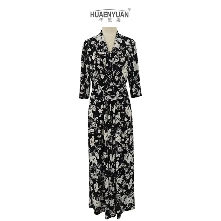【HUAENYUAN】#093裹身裙名媛风弹力黑底白花大摆系腰带中袖连衣裙