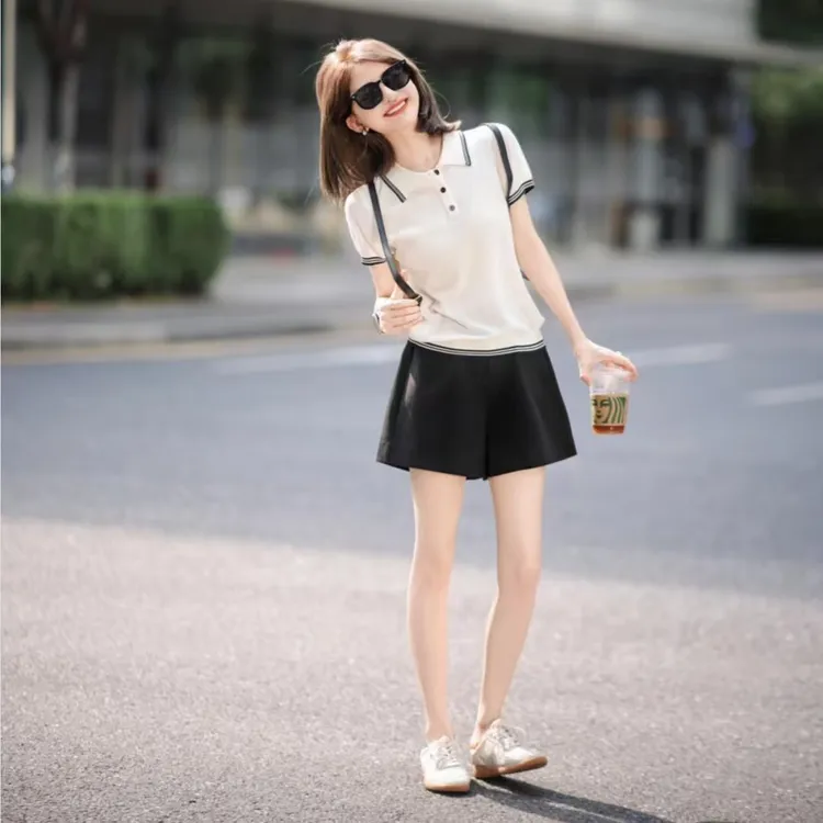 夏季miu系韩系风百搭显瘦翻领POLO领短袖薄款T恤百搭休闲两件套女