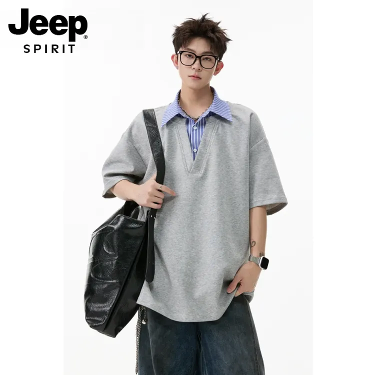 Jeep吉普简约美式风假两件宽松polo领短袖男女翻领针织拼接衬