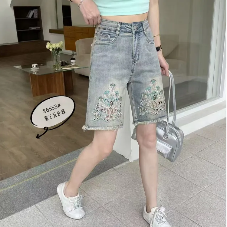 韩版夏季新款高品质水洗浅色刺绣重工牛仔短裤86551/86553/86559