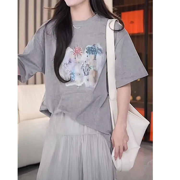 韩版小众复古休闲百搭宽松显瘦美式蜡染T恤女短袖慵懒风减龄上衣