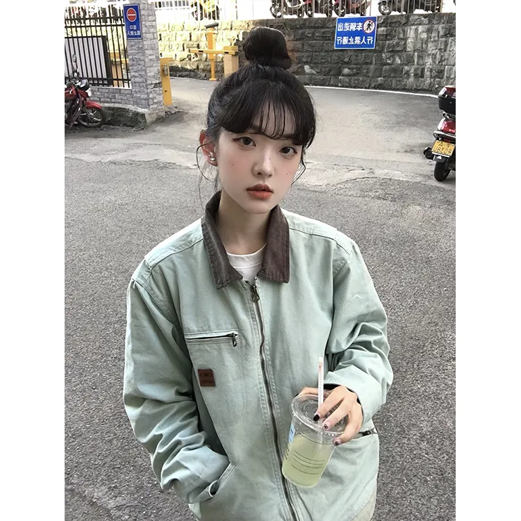 春季薄荷绿外套女装2025新款翻领棒球服日系复古工装休闲夹克上衣