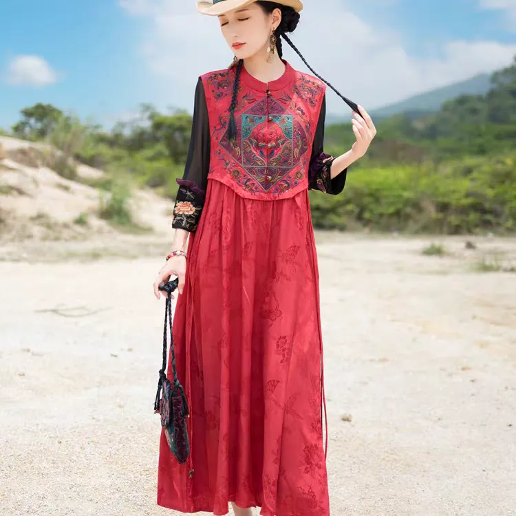 春夏洋气衣服民族风女装复古中长款连衣裙刺绣高端中式国风背心裙