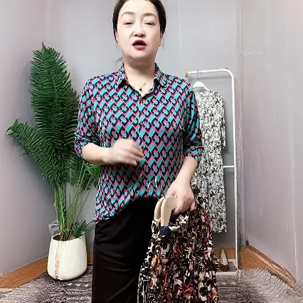 新品真丝针织长袖衬衫春秋桑蚕丝碎花上衣通勤打底衫翻领印花衬衣