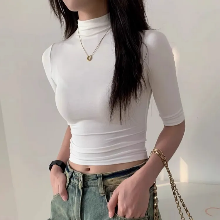 春夏中袖黑色显瘦t恤女春夏小高领修身体恤圆领五分袖气质上衣潮