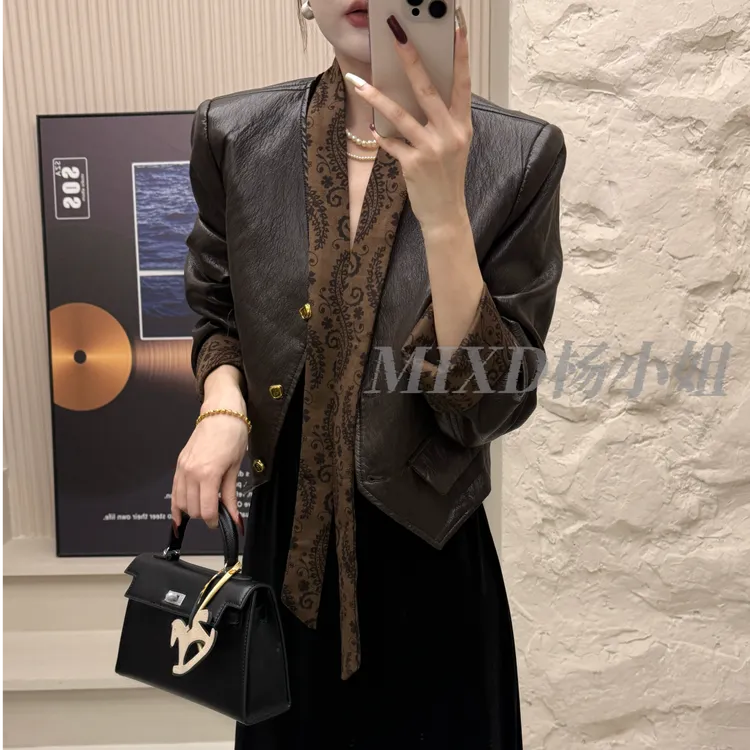 【MIXD杨小姐定制】2025秋款飘带V领法式气质质感小香皮衣外套