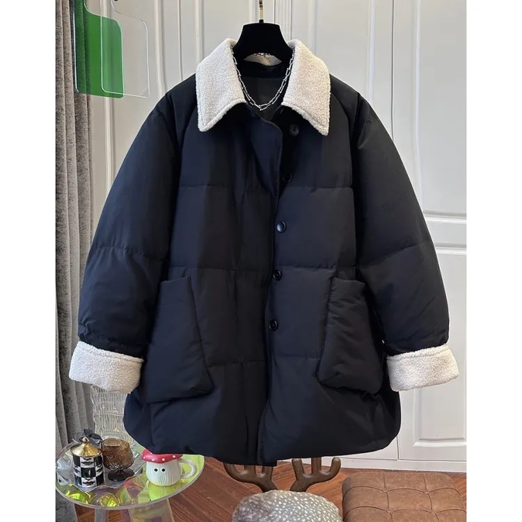 欧洲站棉衣棉服拼接羊毛翻领黑色中长款面包服女风衣保暖宽松冬季