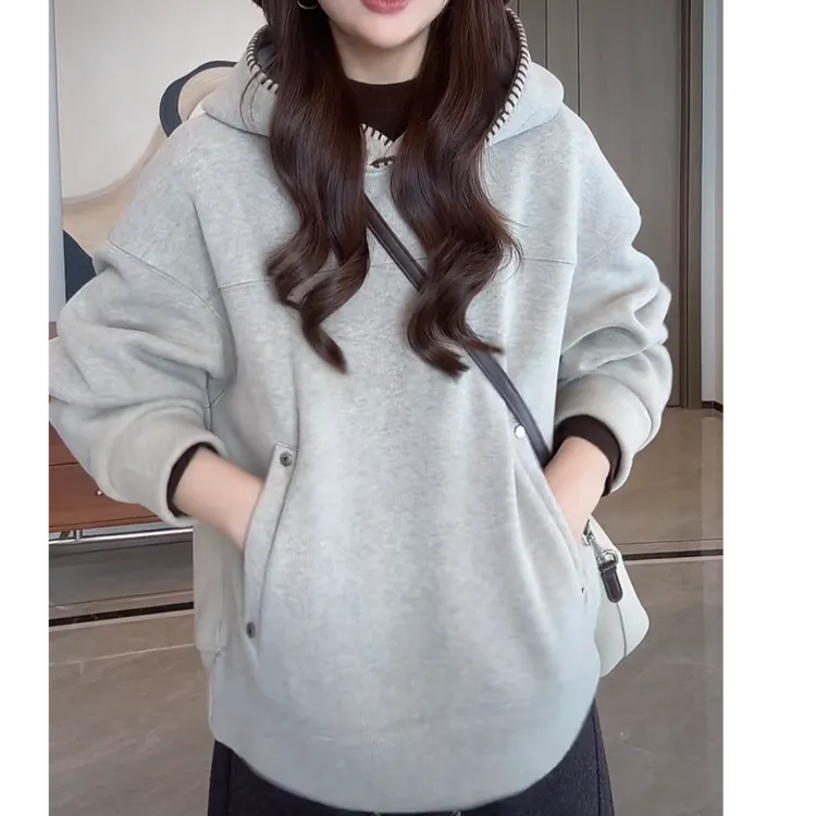 韩系INS风撞色边口袋加绒连帽卫衣2025新款秋冬设计宽松帽衫上衣