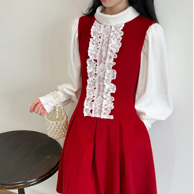 风与熏/丝绒红苹果 原创法式复古风圣诞红色羊毛呢背心连衣裙冬季