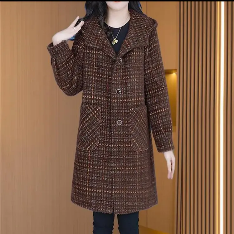 秋冬新款时尚减龄高级感毛呢外套女士百搭显瘦中长款加棉加厚大衣