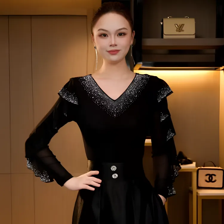 DY25Q-6293秋季法式网纱烫钻拼接时尚百搭复古上衣