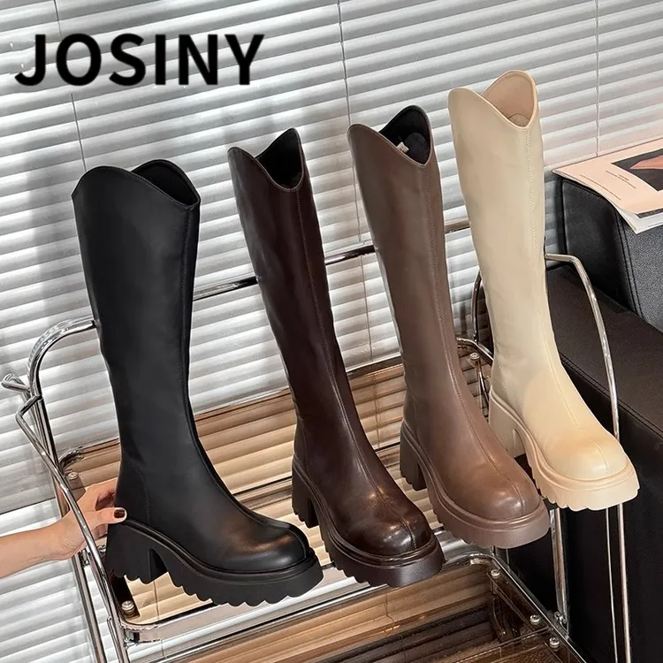卓诗尼【断码清仓】厚底长筒骑士靴女2025年冬季加绒瘦瘦靴高筒长靴