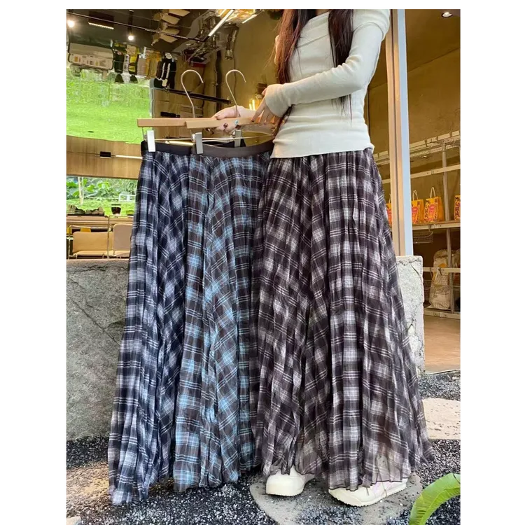 复古格纹网纱半身裙2025新款垂感遮肉高腰显瘦百褶a字长裙子女