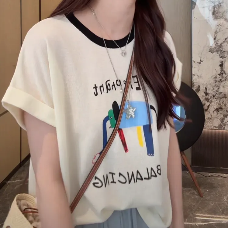 圆领套头设计款冰丝撞色卡通图案坎肩上衣女2025夏季新款短袖t恤