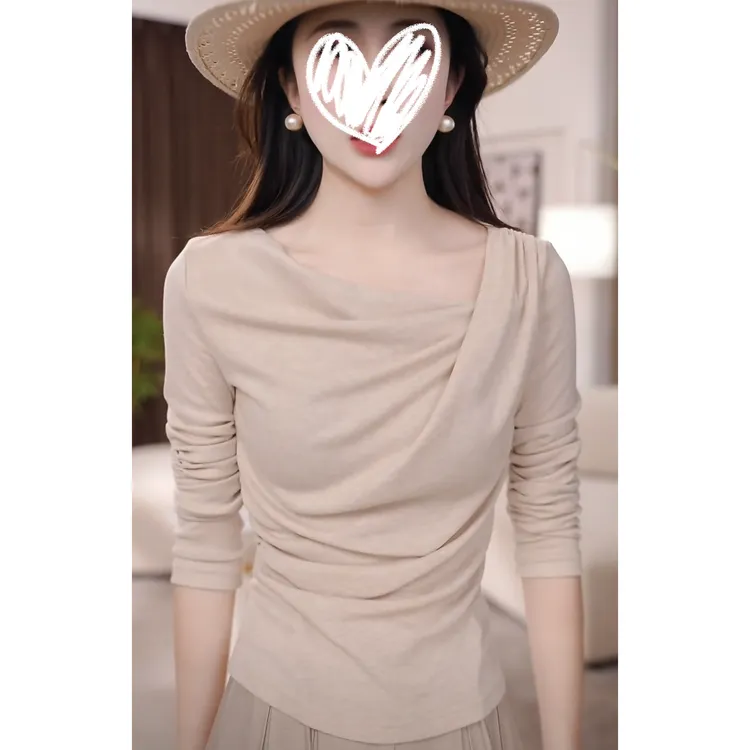 2025年春季新款法式设计感斜领长袖T恤修身显瘦辣妹风女上衣