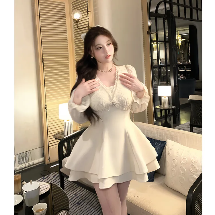 【蹦蹦】大码女装千金风雪尼尔蕾丝拼接呢料连衣裙14049