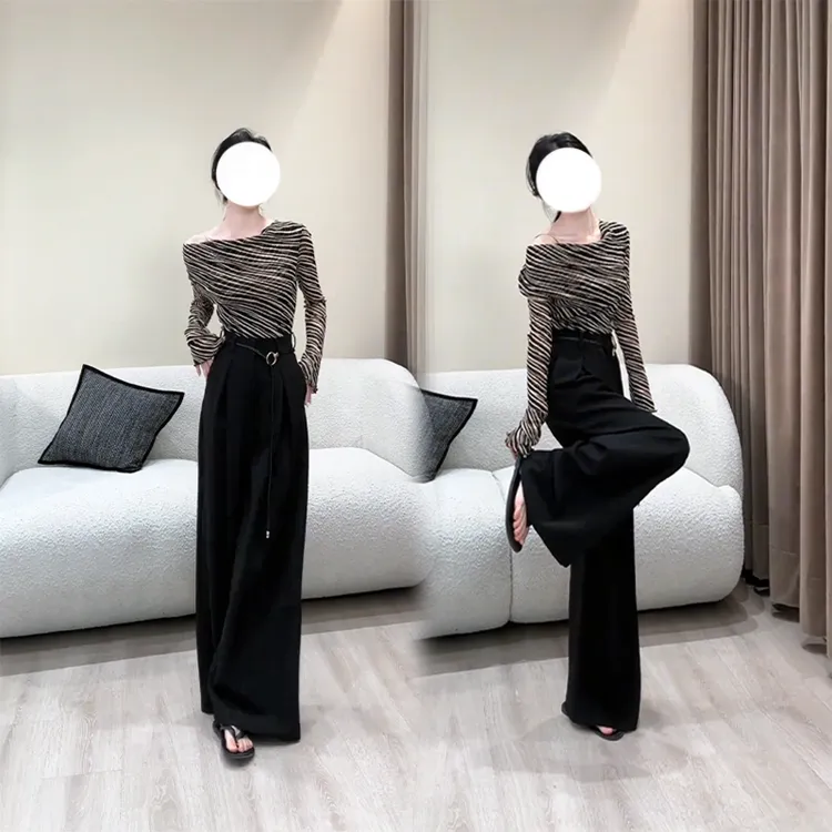 斑马纹打底斜肩上衣女高级感秋季女装2025新款今年流行气质两件套