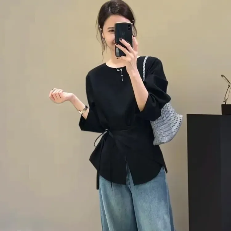高级感不规则收腰系带衬衫女秋长袖新款法式时尚别致显瘦气质上衣