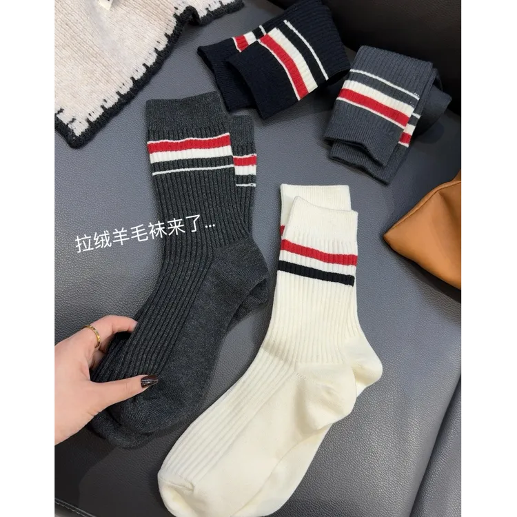 条纹羊毛袜」蓄热保暖锁温双针加厚学院风百搭条纹弹力中筒袜2688