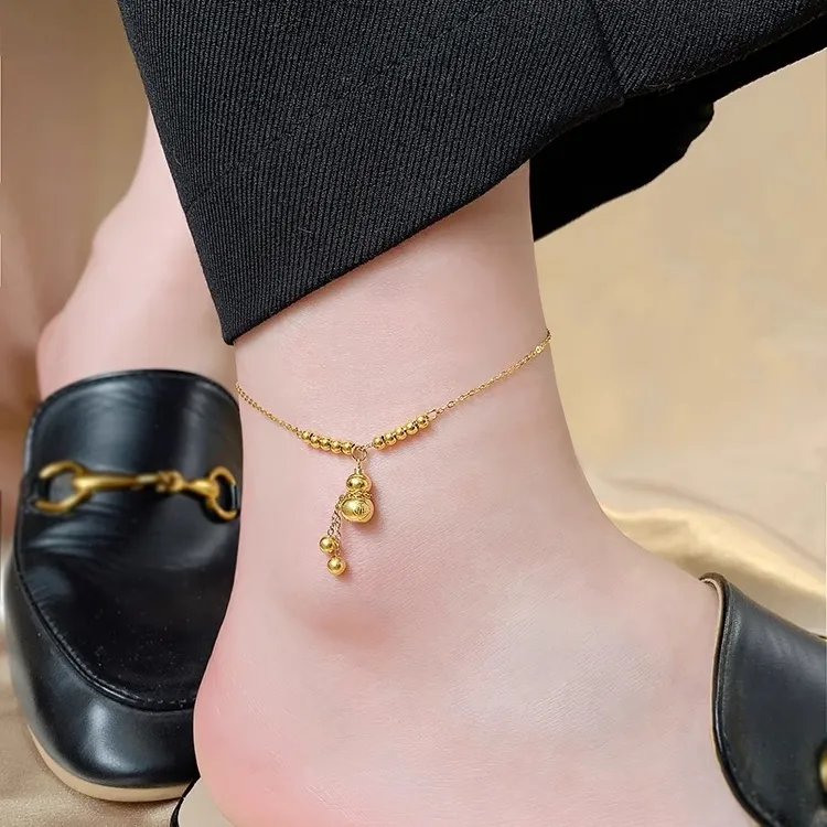 钛钢脚链 金色福字葫芦流苏脚链女式2025夏季新款高级感钛钢足链