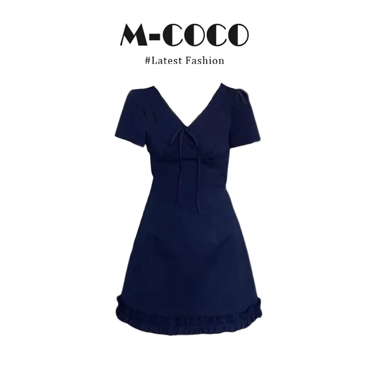 MARIE.COCO韩系时尚气质V领系带连衣裙夏季新款花边下摆收腰裙子