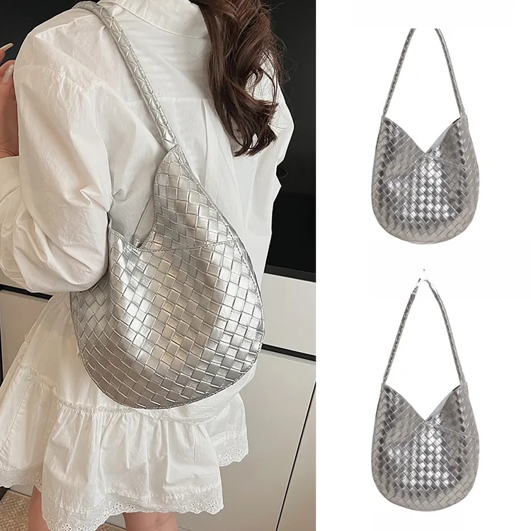 夏天大容量高级感上班通勤腋下包包女2025新款皮质银色编织子母包