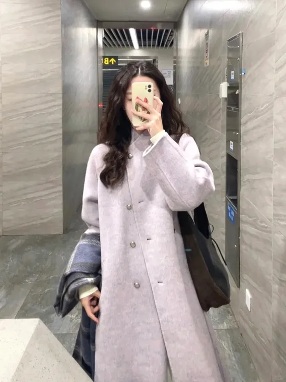 高级感紫色中长款外套女2025冬季新款大翻领双排扣毛呢子大衣女潮