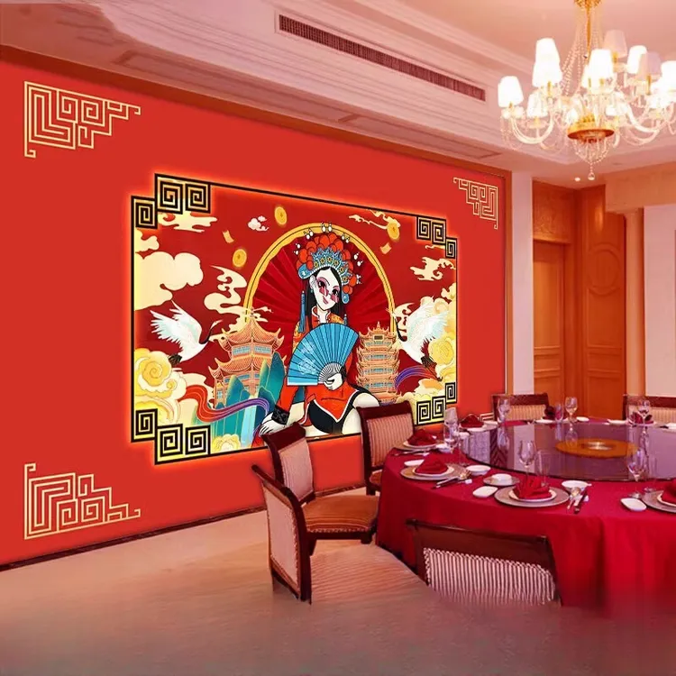 中式复古国潮风烧烤火锅餐厅壁纸包厢背景墙壁画网红拍照装饰墙布