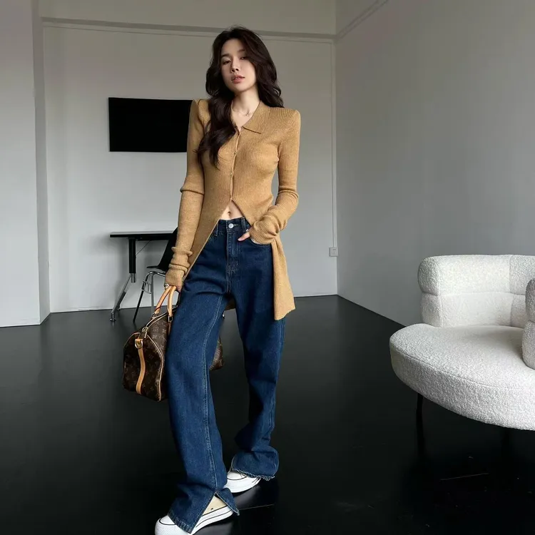 法式polo领掐腰长袖针织上衣女春季新款内搭中长款高级感毛衣开衫