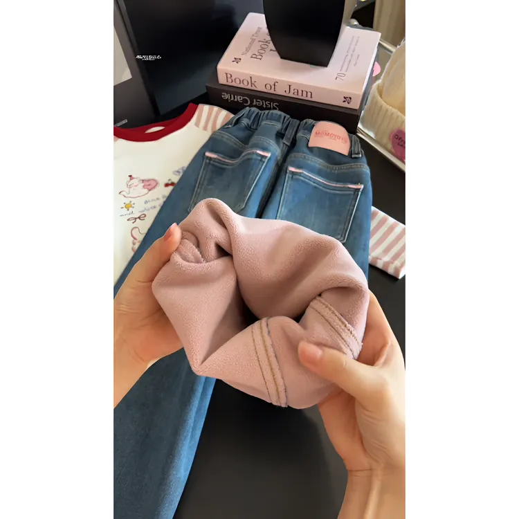 【pink牛】儿童加绒牛仔裤中大童秋冬新款女童粉标宽松直筒保暖裤