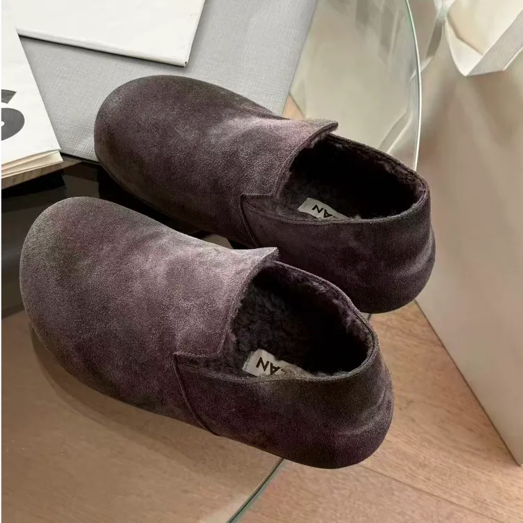 诗歌兰真皮女鞋2025冬新款百搭舒适平底保暖羊毛勃肯鞋一脚蹬棉鞋