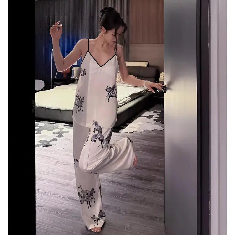 2025新款睡衣吊带长裤简约斑马印花冰丝绸缎显瘦气质带胸垫家居服