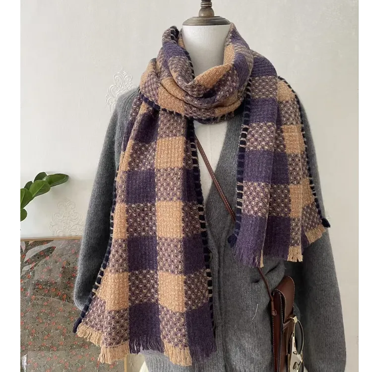 山羊绒双面针织高级搭配撞色格子180*30长巾丝巾围巾披肩外搭保暖