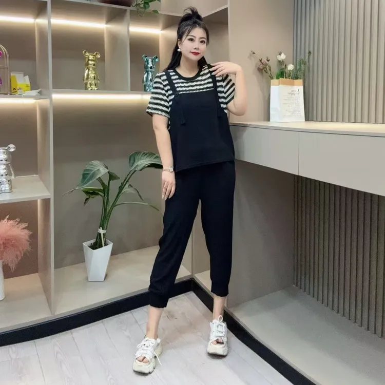 夏季两件套-双 7048时尚休闲减龄条纹拼接清凉款胖MM大码女装新款