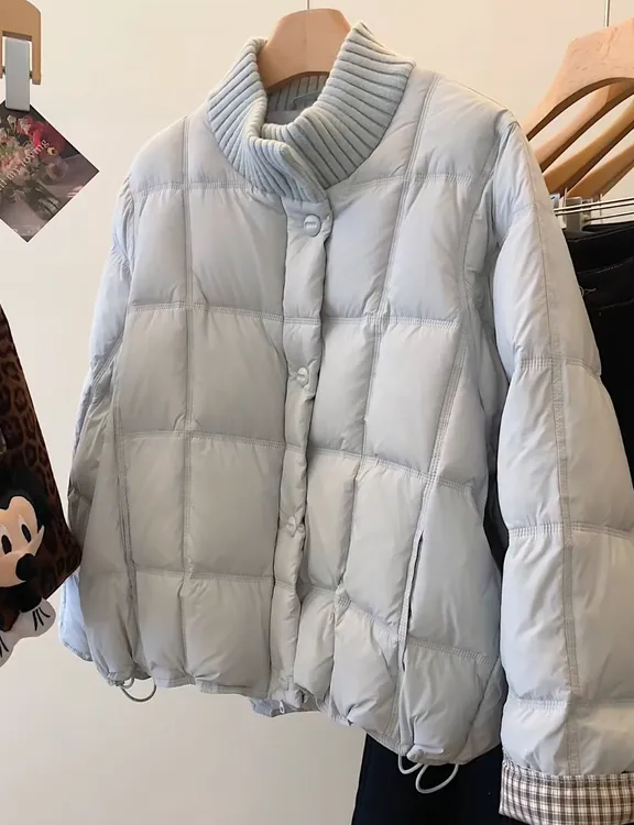 温柔减龄蓝色针织拼接立领棉服女2025冬季宽松休闲保暖面包服外套