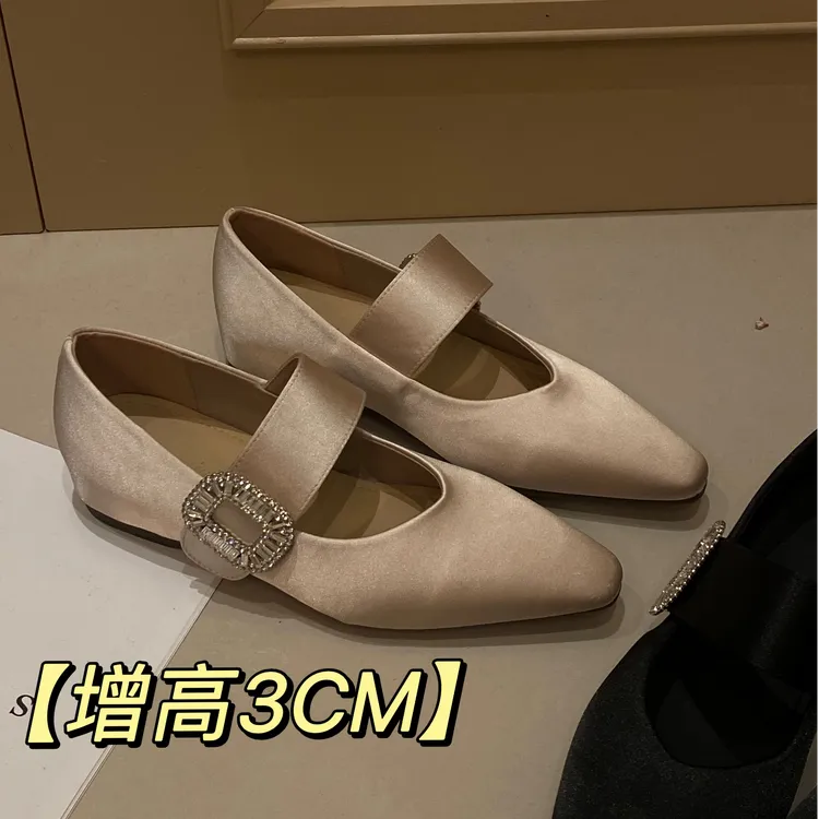 增高3CM水钻法式玛丽珍增高单鞋平底鞋复古百搭微喇裤专用高跟鞋