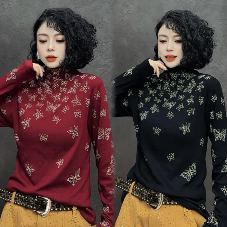 【亿火】长袖棉修身型内搭烫钻厚款上衣-G237-0237