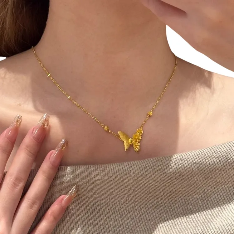 铜合金项链 繁花蝶梦复古哑光拉丝半蝶半花吊坠金珠锁骨链项链