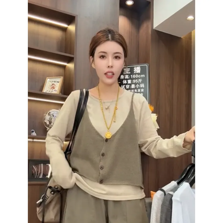 欧洲站韩系氛围感针织马甲+长袖T恤真两件女2025早秋新款时髦套装