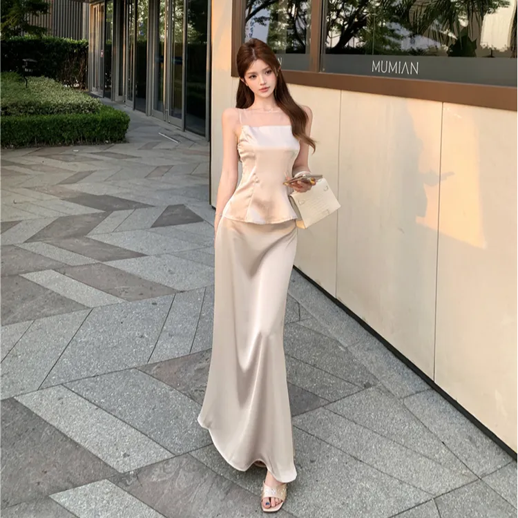 夏季性感网纱拼接纯欲无袖收腰上衣配高腰包臀鱼尾半身裙套装女