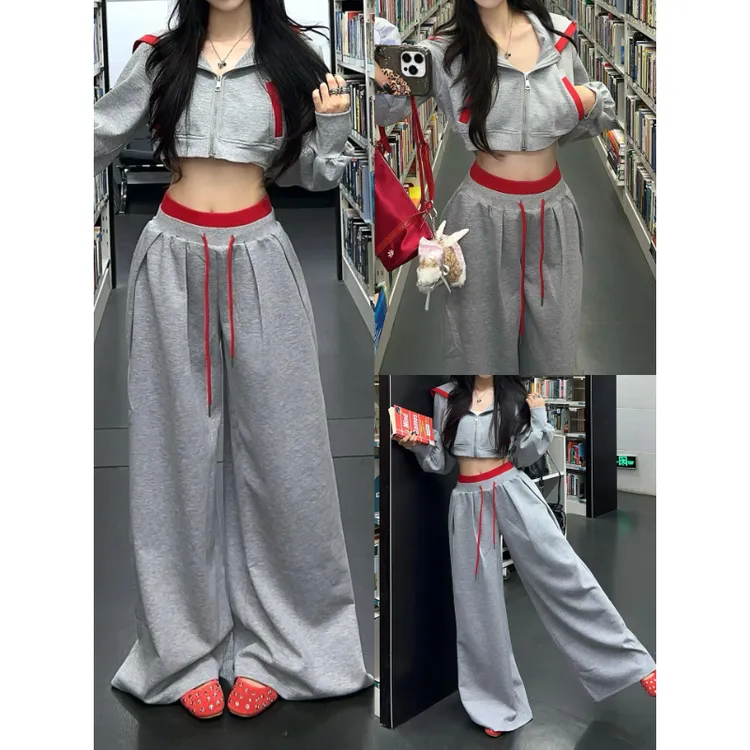 重磅早秋韩风chic一整套ootd穿搭灰色两件套装痞帅炸街风2025新款